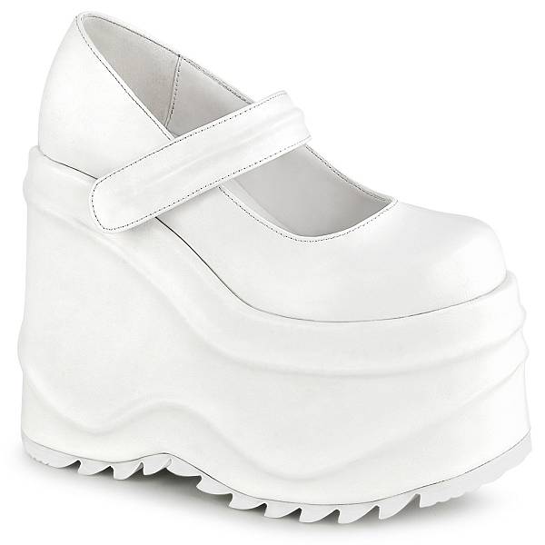 Demonia Women's Wave-32 Wedge Platform Mary Janes - White Vegan Leather D2935-10US Clearance